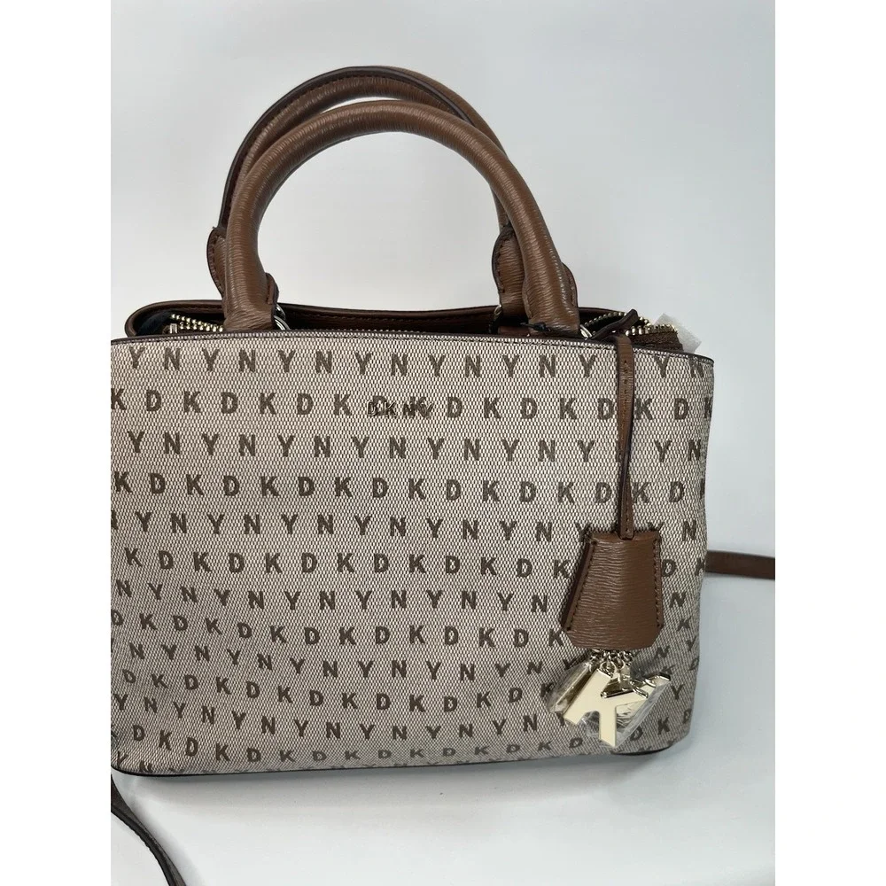 DKNY Bryant Dome Logo MD Round Satchel Bag Tan Brown